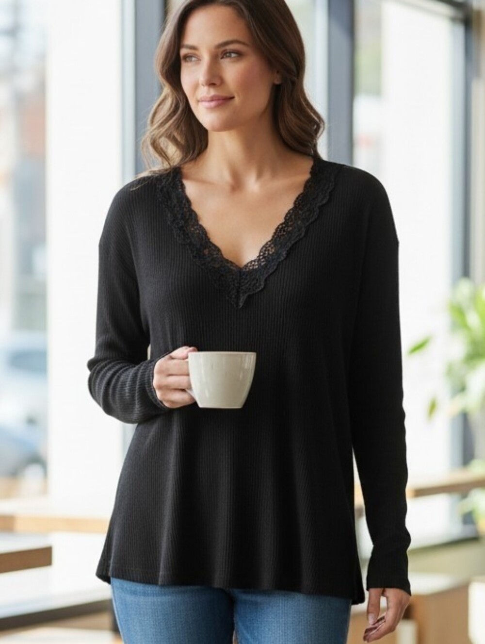 🔥SALE🔥 Jones New York Black Sweater V Neck Long Sleeves Lace Pullover Sz.L